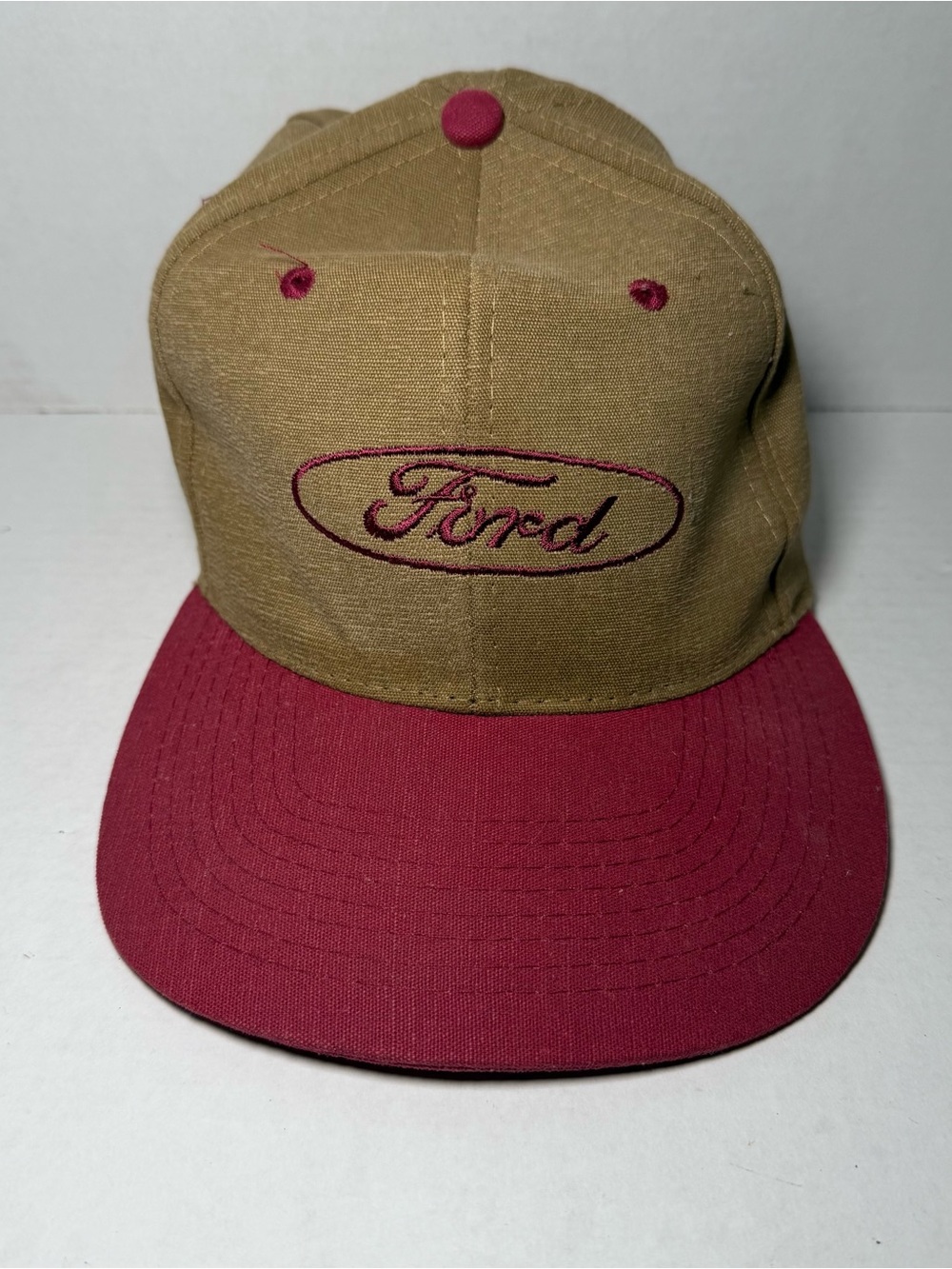 Vintage 80s Ford Motors Cars Snap Back Flat Bill Red Tan Adjustable Men’s Hat